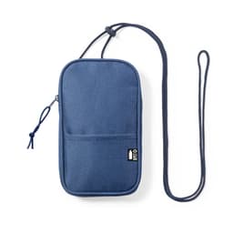 A small navy blue crossbody pouch with a zipper and adjustable strap. It features a logo and two front pockets.