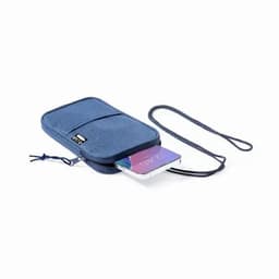 A navy blue phone pouch with a strap, featuring a zipped compartment and a card peeking out from inside.