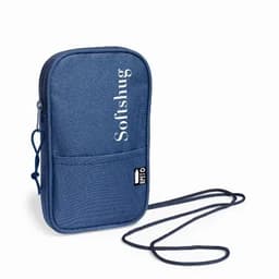 A blue crossbody pouch with a front pocket and a strap, featuring a logo on the front.