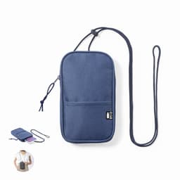 A navy blue crossbody pouch with a long strap, featuring a front pocket and a zippered compartment.