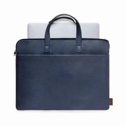 A navy blue laptop case with handles, featuring a zip closure and a front pocket for storage.