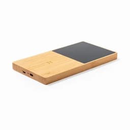 A wireless charger with a bamboo base and a black charging area, featuring USB-C and USB ports.