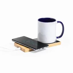 A drink bottle holder with a white cup and a smartphone on a wooden base, featuring a logo.