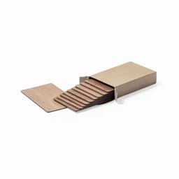 A box containing several thin, rectangular wooden pieces arranged in a stepped formation. The box is plain and brown.