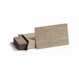 A set of wooden coasters in a package, featuring a natural wood grain finish. The coasters are rectangular in shape.