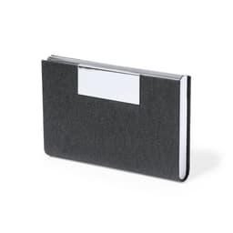 A black business card holder with a silver metal section. It has a sleek, textured finish.