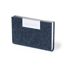 A notebook with a textured navy blue cover and a white rectangular section on the front, featuring branding.