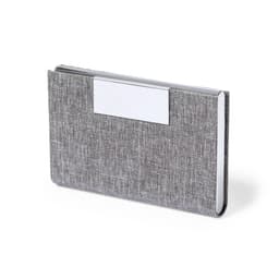 A grey textured business card holder with a metallic accent, featuring a blank area for branding or personalisation.