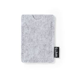A grey felt card holder with a tag, featuring a simple and minimalist design.