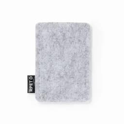 A grey felt cardholder featuring a branded tag on the side. The design is simple and minimalistic.