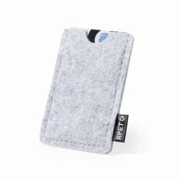 A grey felt card holder with a small logo on the side.