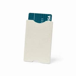 A card holder in white with a textured finish, holding a blue credit card partially visible. It features a logo.