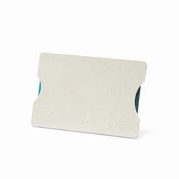 A credit card-sized container in light beige with an interior in teal, featuring a logo. Made from wheat straw.