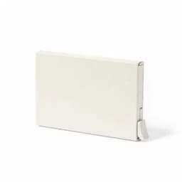 A white promotional product with a minimalist design and a small pull-tab. It features a logo.
