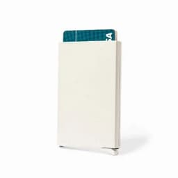 A minimalist cardholder in white with a card partially visible. It features a simple, modern design.