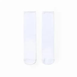 A pair of white socks with a logo, featuring a smooth texture and standard length.