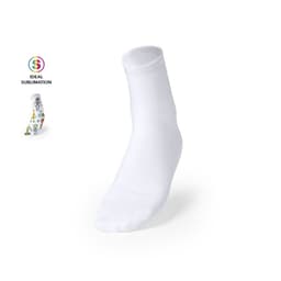 A white sock displayed alongside a logo. The sock is plain, with no patterns or designs visible.