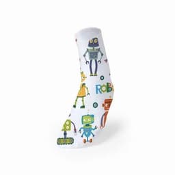 A sock featuring a playful robot pattern in vibrant colours on a white background, with various robot designs.