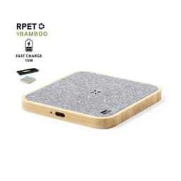 A wireless charging pad featuring a bamboo base and grey textile surface, with a USB-C port for charging.