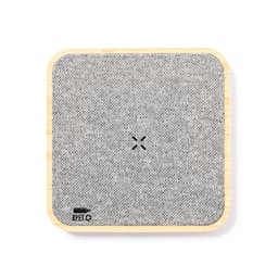 A square coasters made of grey fabric with a bamboo base, featuring a logo.
