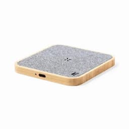A square wireless charging pad with a textured grey surface and a wooden base, featuring a USB-C port.