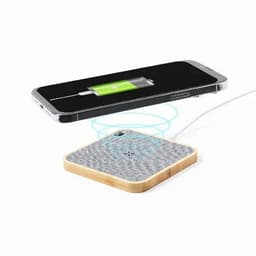 A wireless charger with a grey textured surface and wooden edges, compatible with smartphones.