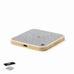 A wireless charging pad with a wooden base and a textured grey surface. It includes a USB-C port for connection.