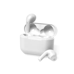 A pair of white wireless earbuds and their charging case, both in a sleek design.