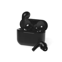 A black wireless earbud case with one earbud outside and the other inside, featuring a sleek design.