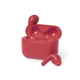 A red set of wireless earbuds rests beside their matching charging case. The case is slightly open, revealing the earbuds inside.