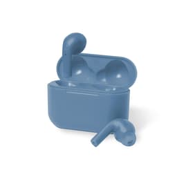 Wireless earbuds in a blue charging case, with one earbud outside the case and the other inside.