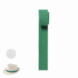 A green ribbon roll, labelled as "Hatband Nwovenband," alongside a straw hat with a matching green band.