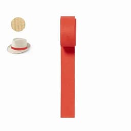 A red ribbon ribbon designed for hat bands, next to a beige straw hat showcasing the band.