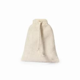 A natural-coloured drawstring bag made from textured fabric, featuring a simple cinch closure.