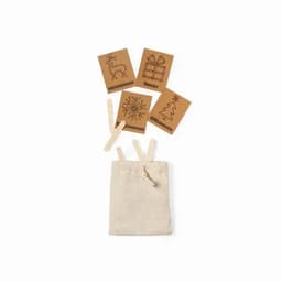 A set of decorative cards featuring holiday designs, accompanied by wooden sticks and stored in a cream-coloured pouch.