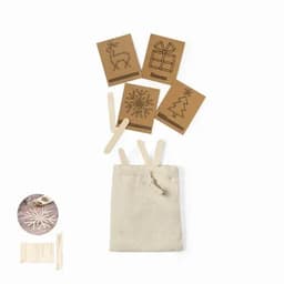 Craft kit featuring wooden sticks and cards with festive designs, all in a small fabric pouch.