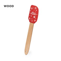 A spatula with a red silicone head featuring a festive design and a wooden handle.
