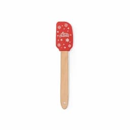 A spatula with a red silicone head featuring a festive design and a wooden handle.