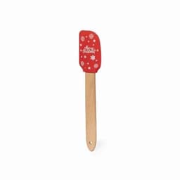 A spatula with a red silicone head featuring snowflakes and a wooden handle. It has a Christmas-themed design.