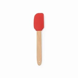 A spatula with a red silicone head and a wooden handle, featuring a flat edge for mixing and scraping.
