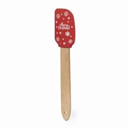 A red spatula with a wooden handle, featuring a festive design and snowflake patterns. It has a logo.