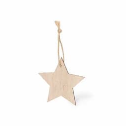 A wooden star-shaped decoration with a natural finish, featuring a jute twine for hanging.