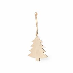 A wooden Christmas tree ornament with a twine loop for hanging. The ornament is a natural wood finish.