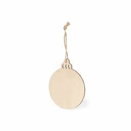 A wooden circular tag with a hanging string, featuring a smooth, natural finish.