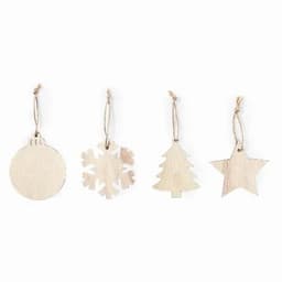 A set of four wooden Christmas ornaments: a bauble, snowflake, tree, and star, all with twine for hanging.