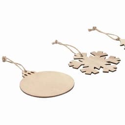 Wooden decorative tags in various shapes, including a round ornament, snowflake, and star, with twine for hanging.