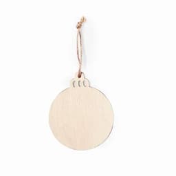 A wooden ornament with a round shape and a small loop for hanging, featuring a natural wood finish.