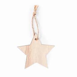A star-shaped wooden tag with a natural finish, featuring a twine loop for hanging.