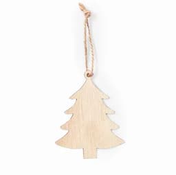 A decorative wooden Christmas tree ornament with a twine loop for hanging.