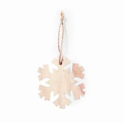 A wooden snowflake ornament with a twine string, featuring a natural wood finish.